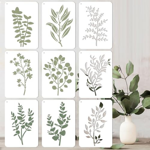 9-teiliges Blatt-Schablonen-Set, 21 x 14,8 cm, wiederverwendbare PET-Vorlagen zum Malen auf Holz, Stoff, Wandpapier, DIY, Basteln, Scrapbooking, Heimdekoration