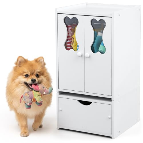 Teenyyou Pet Wardrobe Closet Dog Toy Clothes Storage Organizer with Doors and Telescopic Hanging Rod Combinable Drawers Closet Rack for Dog Cat Toys Clothes Accessories