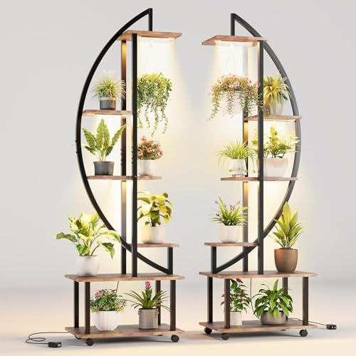OPULENTHOME Pflanzenregal mit Licht, 2 Stück, Pflanzenständer Indoor mit Wachstumslicht und Rollen, 6 Ebenen 175cm Hoch, Große Blumenregal für Wohnzimmer, Balkon und Garten