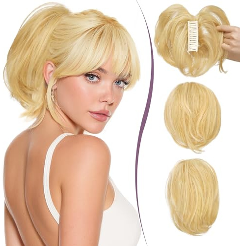 RUWISS Pferdeschwanz Haarteil mit Klammer Echthaar Kurze 22cm Ponytail Extension mit Biegbaren Metall für DIY-Frisuren Gerade Messy Bun Haarteil für Damen, Goldblond Gemischt Bleichblonden