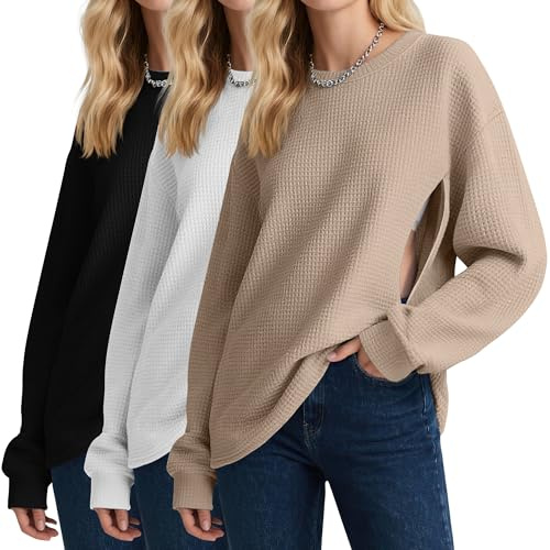 Oakgarden 3 Pack Women's Oversized Nursing Tops, Waffle Knit Breastfeeding Zipper Sweatshirt Long Sleeve Maternity Shirts(Khaki, White, Black,X-Large)