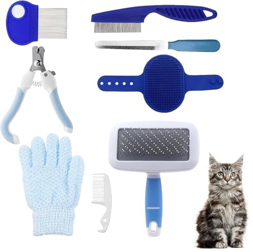 Juego de 8 piezas de aseo para mascotas pequeñas, kit de aseo para conejos con cepillo de tamiz, guante de baño y masaje, peine para hámsters (azul)