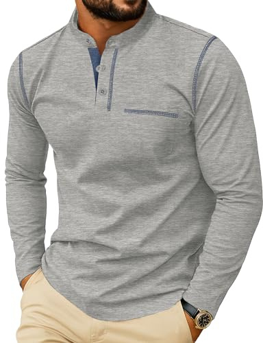 PrinStory långärmad tröja herr Henley t-shirt bomull rund hals pullover casual toppar för män, LJUSGRÅ, XL
