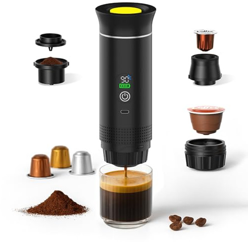 MMOBIEL Portable Coffee Maker Electric Travel Espresso Machine - Anti-Slip Base, Self-Heating & USB-C Rechargeable - Compatible with Ground Coffee & Capsules for Travel, Camping, Home, Car,Office