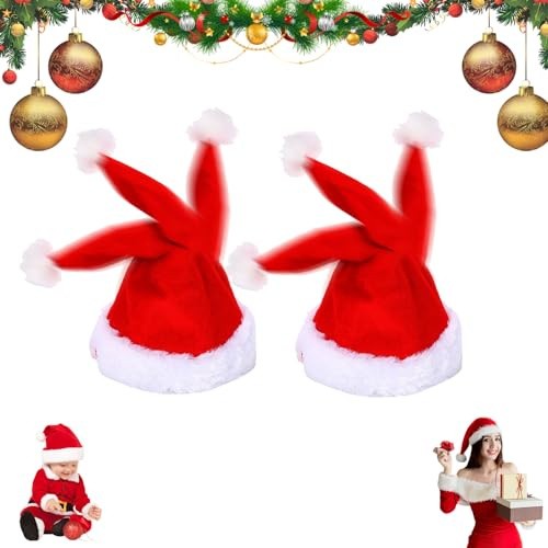 Dewppxi Elektrische Singender Tanzender Weihnachtsmann Mütze mit Musik, Lustige Weihnachtsmütze mit Schaukelfunktion, Interaktive Musikalische Plüsch Weihnachtsmütze für Erwachsene Kinder (2Stück)