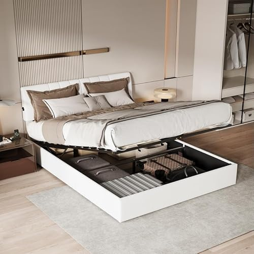 Letto matrimoniale con contenitore 140x190 con 2 Porta USB, Letto imbottito 140x190 con contenitore idraulico,Struttura letto con testiera regolabile e rete a doghe, tessuto-teddy