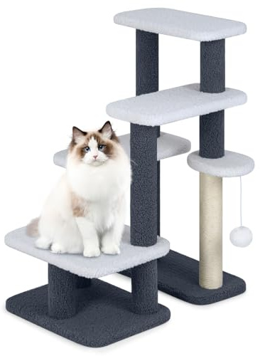 GOPLUS Árbol para Gatos con Escalones, Poste Rascador de Sisal, 4 Plataformas Grandes, Bola Colgante, Torre para Gatos con Escaleras para Jugar y Descansar, Mueble para Mascotas, 62 x 41 x 77 cm