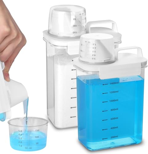 CIOXSOIO 2 stycken 1 800 ml tvättmedelsdispenser med mätkopp, lufttät tvättmedelsbehållare, dosering för flytande tvättmedel och tvättmedel i pulverform, behållare för spannmål, socker och müsli