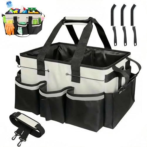 Professional Cleaning Caddy with Handle & 3 Cleaning Brushes, Large Multi-Compartment Cleaning Caddy Bag with Removable Dividers & Shoulder Strap for Housekeepers, Janitors, Commercial Cleaning