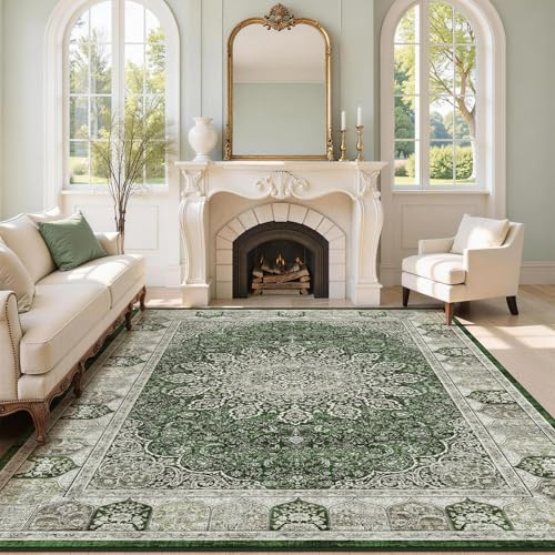 BYBSRLL Vintage matta vardagsrum 120 x 180 cm – mjuk, tvättbar och halkfri matta med kort lugg, orientalisk matta, område för matsal, sovrum, barnrum och hemmakontor, gammalgrön