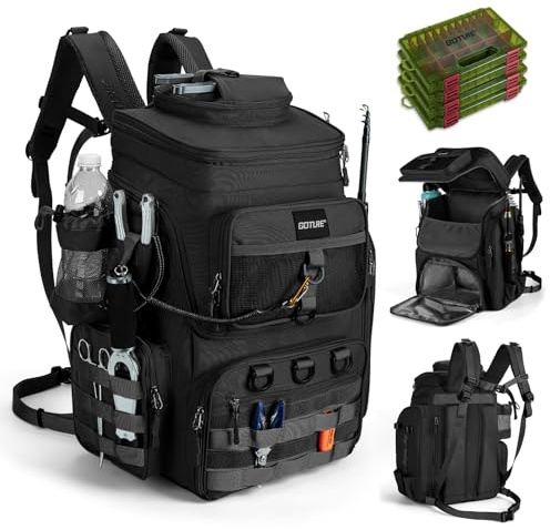 Goture Angelrucksack mit 4 Köderbox Angeln, 55-Liter Angelzubehör-Rucksack mit Zwei Rutenhaltern und Regenschutz, 900D Oxford-Gewebe Wasserabweisende Angelgerätetasche mit verstellbarem Fach