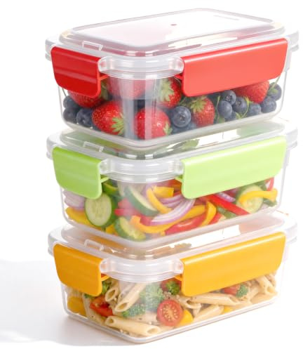 VINATO Set di 3 Contenitori Ermetici per Alimenti da 0.75 Litri, Contenitore Plastica con Coperchio Alimenti, 4 Chiusure di Sicurezza, Senza BPA Contenitore Cibo per Microonde e Lavastoviglie