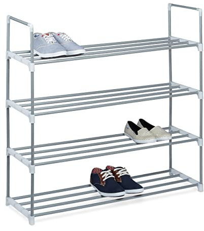 Relaxdays Schuhregal Stecksystem, 4 Ebenen, für 16 Paar Schuhe, HxBxT: 93 x 90 x 31 cm, Schuhständer Metall, silber/weiß