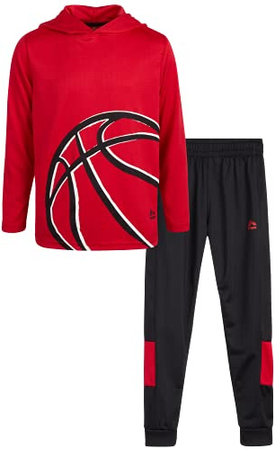 RBX Boys Jogger Set - 2 Piece Pullover Thermal Boys Hoodie & Tricot Jogger Pants - Athletic Sweatsuit Outfit (Sizes 8-12), Size 8, Red Basketball