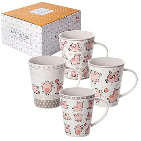 SPOTTED DOG GIFT COMPANY Schwein Tassen 4er Set – Lustige & Süße Kaffeebecher Kaffeetassen 360ml Porzellan mit Schwein-Motiven | Geschenk für Tierliebhaber Erwachsene & Kinder