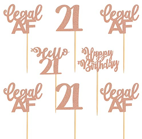 Blumomon Rose Gold Glitter Cupcake Toppers - Happy Birthday & 21st Theme Cake Decorations