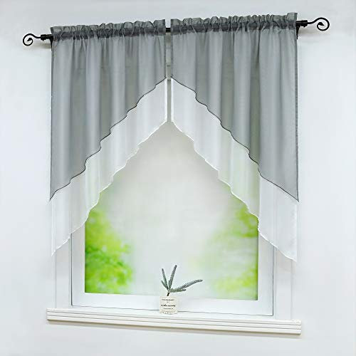 Delien Bistrogardinen mit Durchstangenzug Modern Scheibengardine Voile Türgardine Kurz Stores Zweifarbig Gardinen Doppelschicht Kleinfenster Vorhang Tunnelzug BxH 90x100cm,Grau