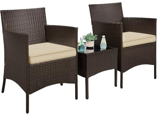 Yaheetech Set Mobili da Giardino 2 Poltrone e 1 Tavolino in Rattan PE Impermeabile per Esterno con Cuscini Marrone