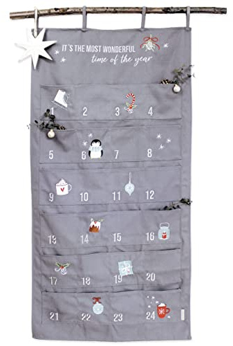 Papierdrachen Adventskalender 2025 - bestickter Stoff-Wandkalender in Blau-Grau & Silber - mit Taschen zum Befüllen - hochwertig & wiederverwendbar