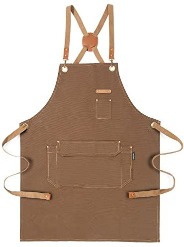 Genixart Chef Apron for Men Women with Pockets - Cross Back Kitchen Apron Cooking, Baking, BBQ, Art Painting - Cotton Canvas Work Aprons for Gardening, Restaurant, Cafe, Bar, Shop (1, Brown)