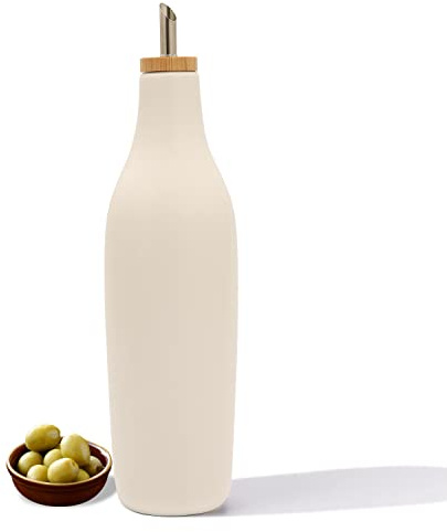 HOMCDALY Ceramic Olive Oil Dispenser for Kitchen, Stoneware 16oz Oil and Vinegar Bottles Dispenser, Kitchen Dispenser Bottle for EVOO Vinegar Syrups, Modern Farmhouse Design(W)