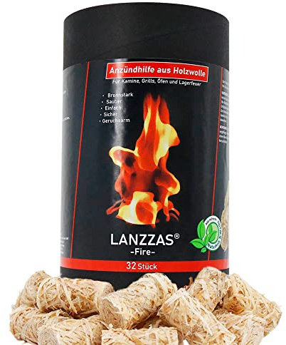LANZZAS® 32 Stück Kamin- und Grill-Anzünder (Anzündwolle) aus natürlicher Holzwolle und Wachs, Anzündhilfe stark gehärtet für eine Lange Brenndauer.