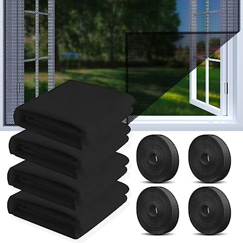 4 Pcs Moustiquaire Fenetre, 150x130cm Moustiquaire pour fenêtre, Toile Moustiquaire Découpable avec 4 rouleaux de bandes autocollantes, Filet Écran Insecte (Noir+)