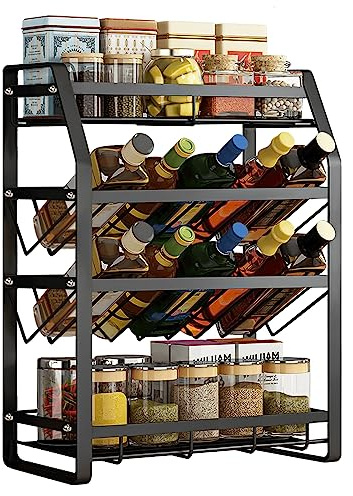 JOIEYOU Gewürzregal, Spices Gewürz Organizer 4 Etagen, Küchen Organizer mit 8 Haken, Küche Aufbewahrung & Organisation - Schwarz