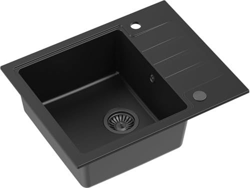 QUADRON Granitspüle Einbeckenspüle | Größe 62 x 50 x 20 cm, Farbe: Pure Carbon | PETER 116 Einzelbecken Küchenspüle | Granit Spülbecken | mit manuellem Siphon und Abtropffläche