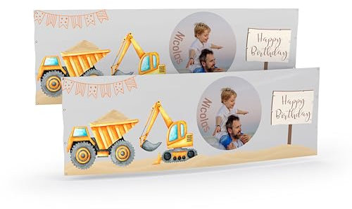Banner selbst gestalten mit Foto und Text I Geburtstagsbanner (50x150cm) personalisiert mit Bagger I Kindergeburtstag Deko