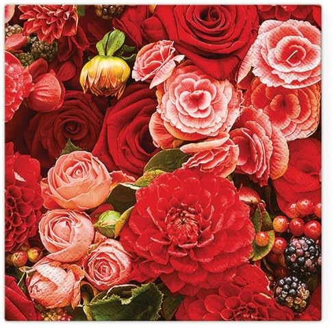 20 Servietten Blumen Blumenwelt in rot als Tischdeko. Papierservietten mit Motiv. Auch für Decoupage und Serviettentechnik 33x33cm