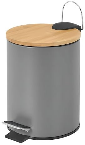 LEKE GO Papelera de Baño Metal con Tapa de Bambú 3 Litros, Cubo de Basura con Tapa y Pedal Cierre Silencioso (Gris)