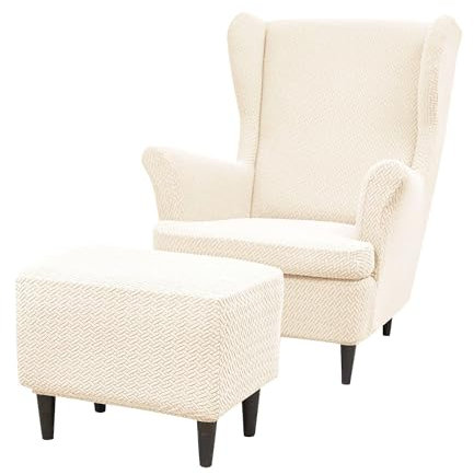 JHLD Ohrensessel Überzug Mit Ottomane Schonbezug, Stretch Spandex Husse Für Ohrensessel Mit Ottomane Bezug Mit Elastischem Boden Sesselbezug Abnehmbare Waschbar-Beige-3 Stück