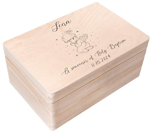 Creative DECO Caja Regalo Personalizada Bautismo | Caja de Memoria de Madera para Niños/Niñas | Personalizado - Vela | Impreso | Personalizadas para Niño y Niña | Personalizados
