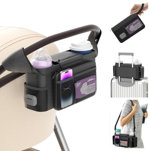 KDD Kinderwagen Organizer mit 2 Isoliertem Getränkehalter, Universal Kinderwagen Tasche mit Abnehmbarer Tasche und Schultergurt, Kinderwagentasche mit Fbewahrung für Telefon Flaschen Windeln, Schwarz