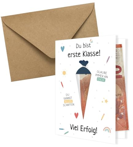 PuK Krämmer GmbH Geldgeschenk Karte Einschulung | Karte Schulanfang mit Umschlag | Einschulung Geschenk | Einschulung Karte mit Umschlag | Einschulung Karte Geld | Einschulung Geschenk Junge Mädchen