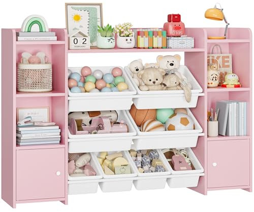 FOREHILL Scaffale per Giocattoli con 8 Contenitori Rimovibili in Plastica,Organizzatore Libreria per Bambini con Mensola Aperti, per Camera dei Giochi, 138.8 x94.3x29.6cm (Rosa)