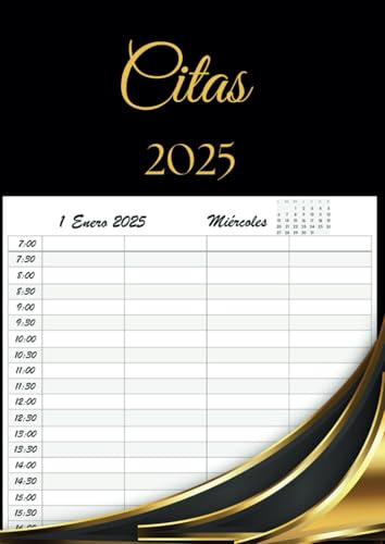 Libro de Citas 2025: Agenda para peluquería y estilistas, Planificador Horario de 7:00 a 22:30, día por página con fechas y horas, 4 Empleados ... | 12 meses, y Calendario de Mes Corriente A4