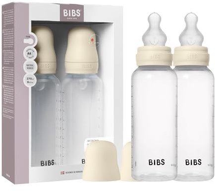 BIBS Nappflaska 270 ml Silikonsugdel 2-pack - Kolikmotverkande, BPA-fri, rund sugdel, medium flöde, lätt och enkel att rengöra, lämplig för nyfödda 0+ år - Ivory