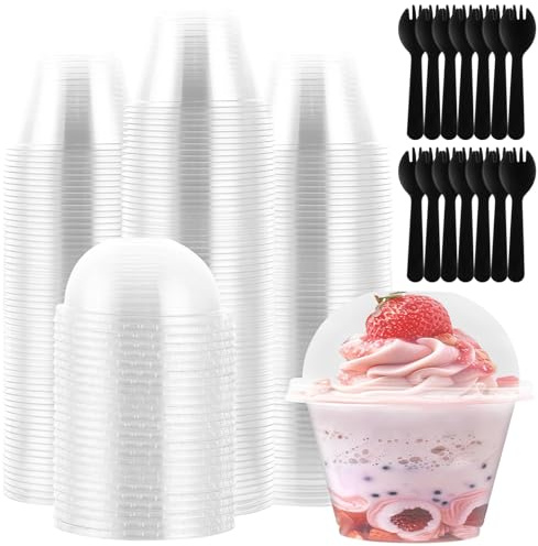 MIVIDE 100 st. Dessertkopp med lock och sked, 180 ml/6 oz dessertglas plast återanvändbara, dessertkoppar med lock för mousse, pudding, glass, dessertfest, bröllop