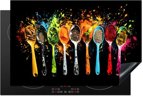 KitchenYeah© Herdabdeckplatte Einteilig Herdabdeckung Abdeckplatte für | 81x52 cm - Ceranfeld Abdeckung Induktionskochfeld Aufrollbare Matte Löffel - Gewürze - Modern - Graffiti - Farbenfroh