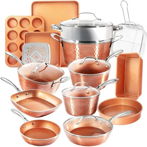 HJZSZX Juego de ollas y sartenes de 20 piezas de colección de cobre martillado, utensilios de cocina de cerámica antiadherentes, juego de utensilios para hornear para cocina, 20 piezas, uno