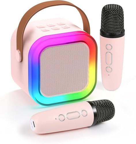 Máquinas de karaoke para niños y adultos, mini máquinas de karaoke con 2 micrófonos inalámbricos, altavoz Bluetooth portátil con efectos de cambio de voz y luces LED, los mejores juguetes de regalo