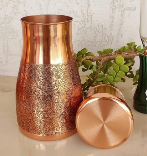 IMTRA FASHION Kupferne Nachttischkaraffen 1.2 Litre/40 Oz Geprägte Wasserkanne Schlafzimmerflasche Für Ayurveda Gesundheitliche Vorteile Für Sport Und Yoga