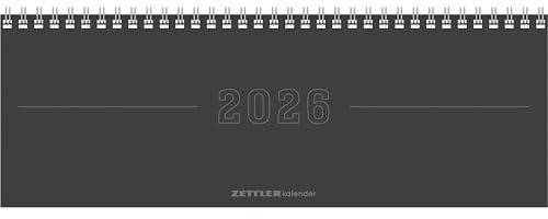 Zettler Tisch-Querkalender Papyrus Grau 2026 – Wochenkalender 30 × 11 cm, 1 Woche/2 Seiten, mit Notizblatt & Jahresübersicht, Zeiteinteilung 8–21 Uhr, Monatsregister, Ringbindung, FSC-zertifiziert