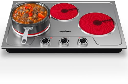 Sunvivi 1800W Triple Burner Portable Electric Ceramic Stove – Knob Control, Indicator Light, Compatible with All Cookware, Ideal for Multiple Cooking Scenarios, Silver