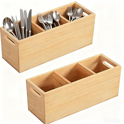 NAMYEUT 2 PCS Large Bamboo Kitchen Utensil Holder with 3 Adjustable Compartments and Side Handles, Countertop Organizer Bamboo Cutlery Tray for Cooking Tools in Home, Restaurant