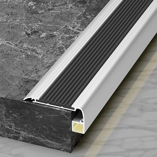 FQMYLTYN Stair Nosing with Led Channel, Anti Slip Stair Edging Trim with Rubber Strips, Aluminum Step Edge Protector Treads for Concrete Tiles Wood Metal Step, Width 6x2.4cm(Black,150cm/59in)