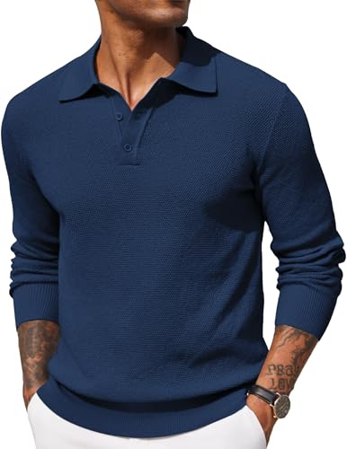COOFANDY Mens Polo Jumper Long Sleeved Poloshirts Sweater Blue L