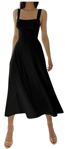 Vestito da donna per il tempo libero, tracolla spessa, vestibilità aderente, con lacci, gonna casual, abito lungo estivo da donna taglie forti, Nero , S